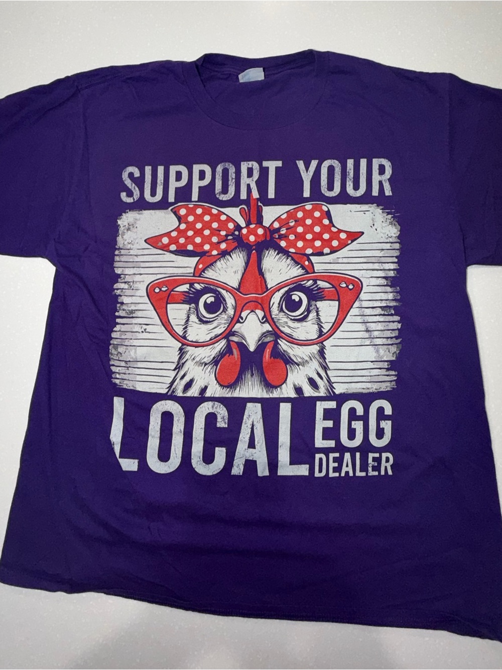 Gildan Purple Tee with Red and White Chicken Graphic